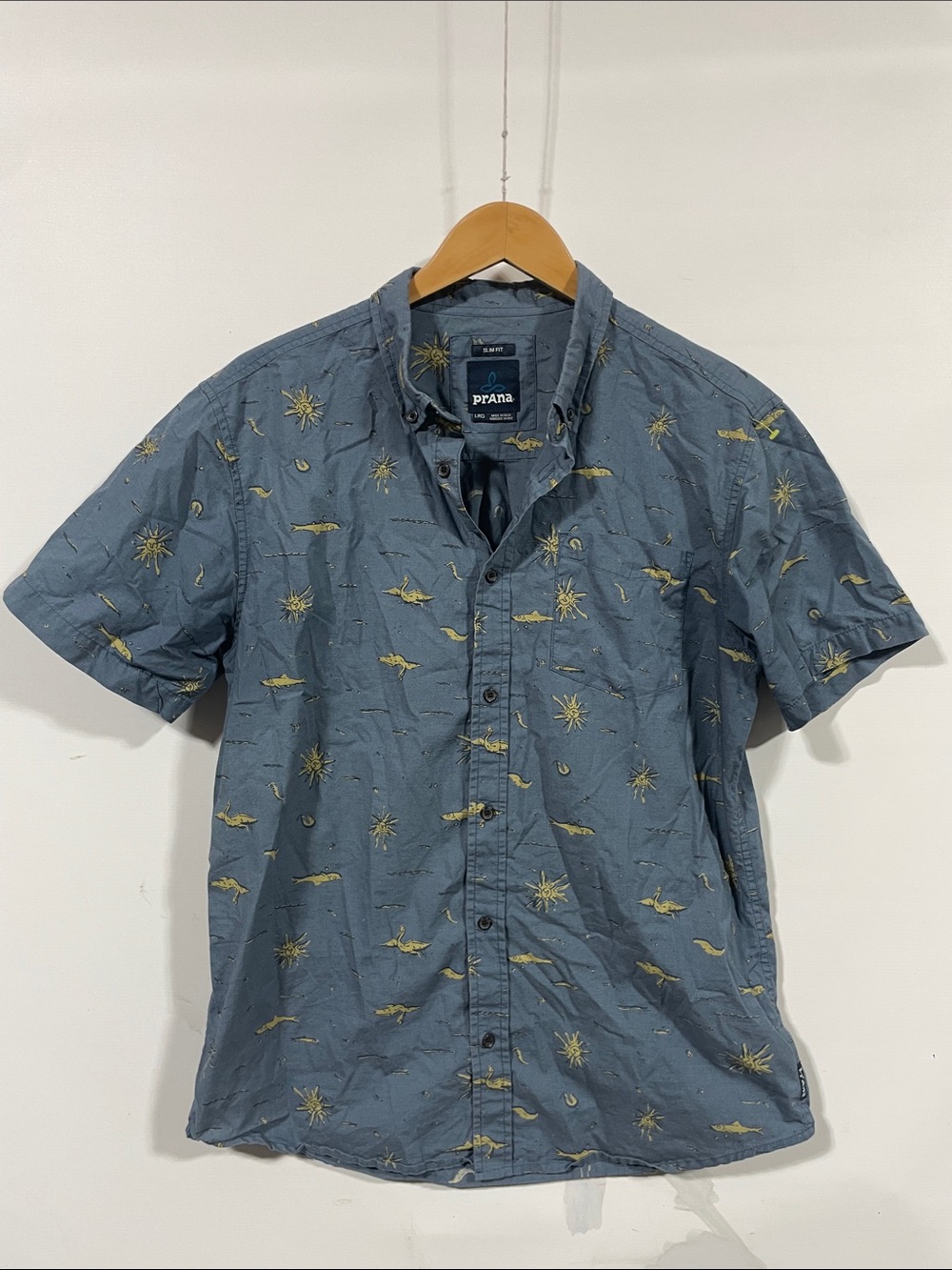 Prana Blue Short Sleeve Button-Up with Yellow Nature Print